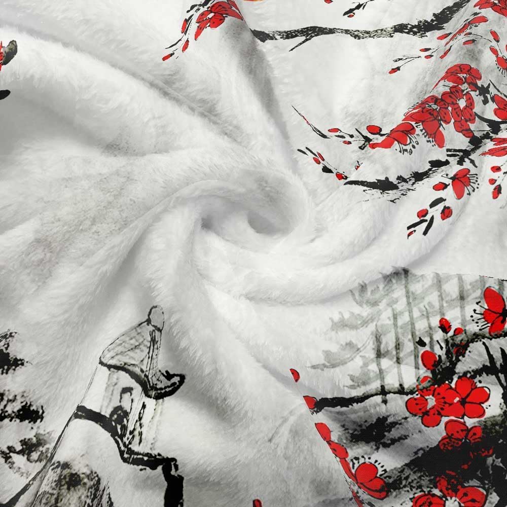 Japanese Blanket, Japanese Cherry Blossom Anime Blanket, Asian Ink Painting Asian Blankets, Red Plum Blossom & Mountain Landscape Soft Cozy Blankets for Couch, Bed, Office, Home Decor, 50X60 inch