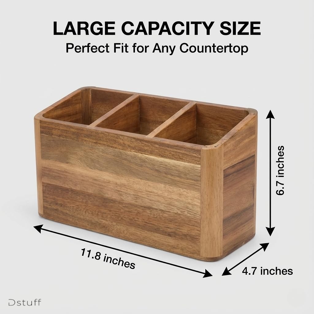 Dstuff Large Kitchen Utensil Holder Organizer for Counter or Countertop, Large Wooden Utensil Holder for Storage Cooking and Silverware with 3 Compartment, Acacia Rustic Wood Container Extra Large