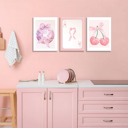 MTFBWY Pink Coquette Wall Art Canvas Prints Set of 3, Pink Bow Disco Ball & Cherry Aesthetic Room Decor, Complete Set Preppy Posters for Girls Bedroom Dorm Gift, Ready to Hang 12x16in