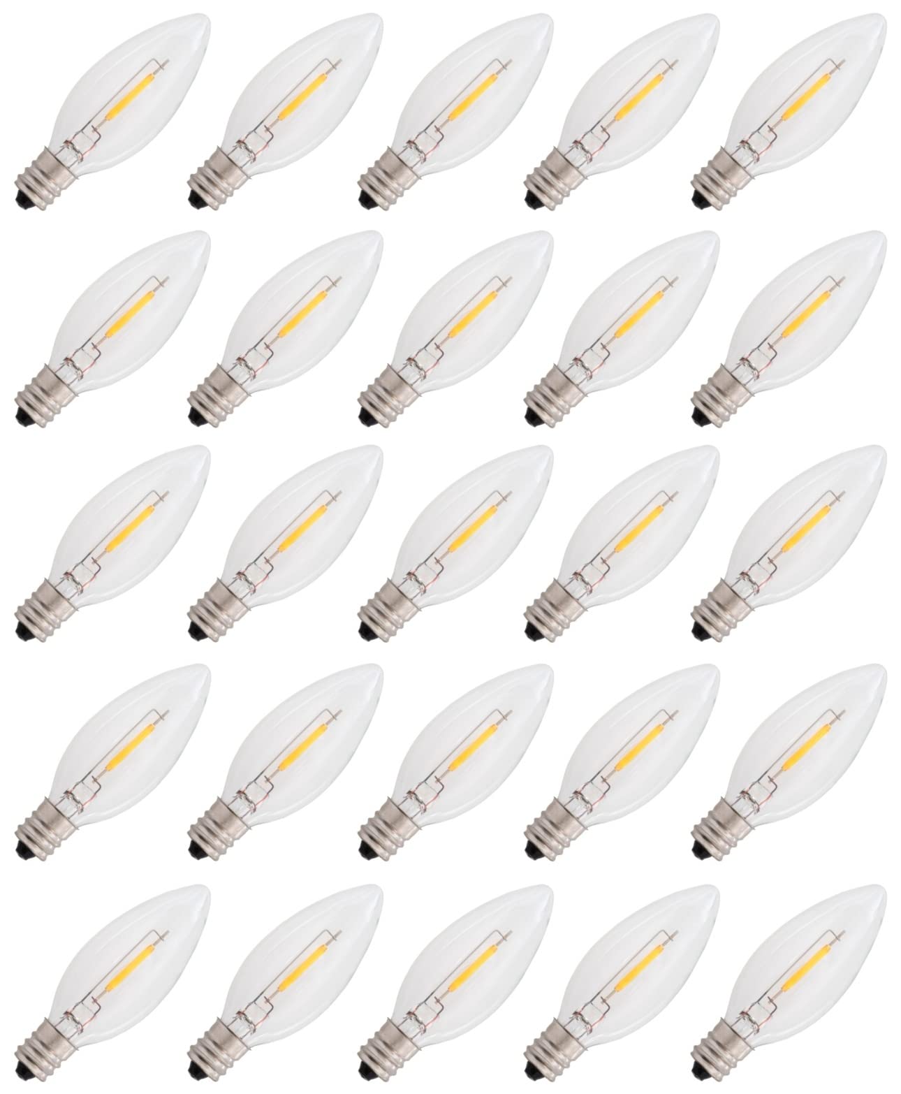 Creative Hobbies 25-Pack LED Replacement Light Bulbs for Electric Candle Lamps, Window Candles, Chandeliers - 7 Watt Equivalent Candelabra, Clear, Steady Burning, 120v 7w Bulb