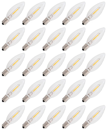 Creative Hobbies 25-Pack LED Replacement Light Bulbs for Electric Candle Lamps, Window Candles, Chandeliers - 7 Watt Equivalent Candelabra, Clear, Steady Burning, 120v 7w Bulb