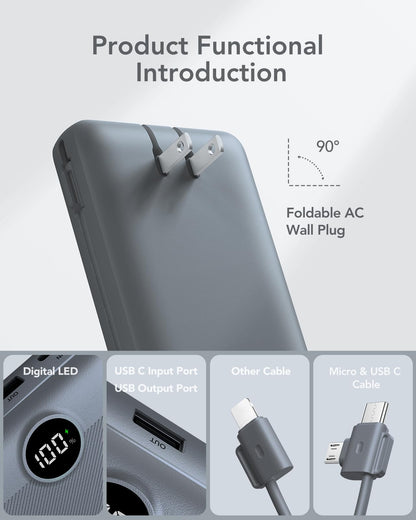 Portable Charger Power Bank 20000mAh,VRURC 22.5W Fast Charging Power Bank With Cables, 20K USB C Portable Charger With Wall Plug, Phone Battery With Cords For iPhone, Samsung, Android Phones, etc-Grey