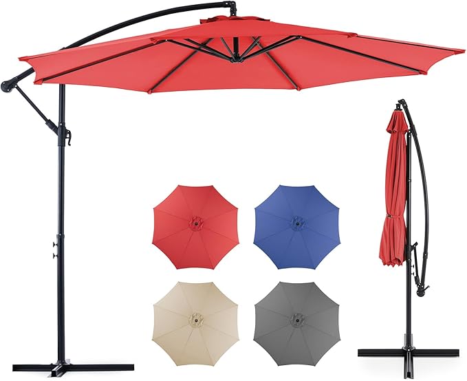 OLIXIS Offset Patio Umbrella, 9.7FT Cantilever Table Umbrellas for Outdoor Sun Shade UV Protection with Easy Tilt Adjustment, 8 Ribs for Backyard, Lawn, Garden, Pool - Red