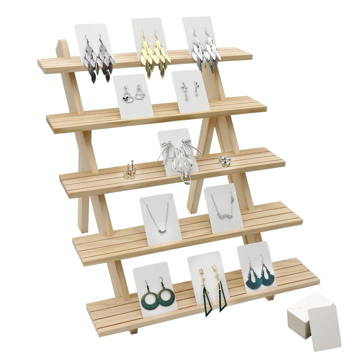 sinyad 101pcs 5-Tier Wood Earring Display Stand, Retail Display Riser Earring, Ring Holder Stand, Removable Countertop Small Merchandise Display Stand with 100 Pcs Earring Card (Wood color)