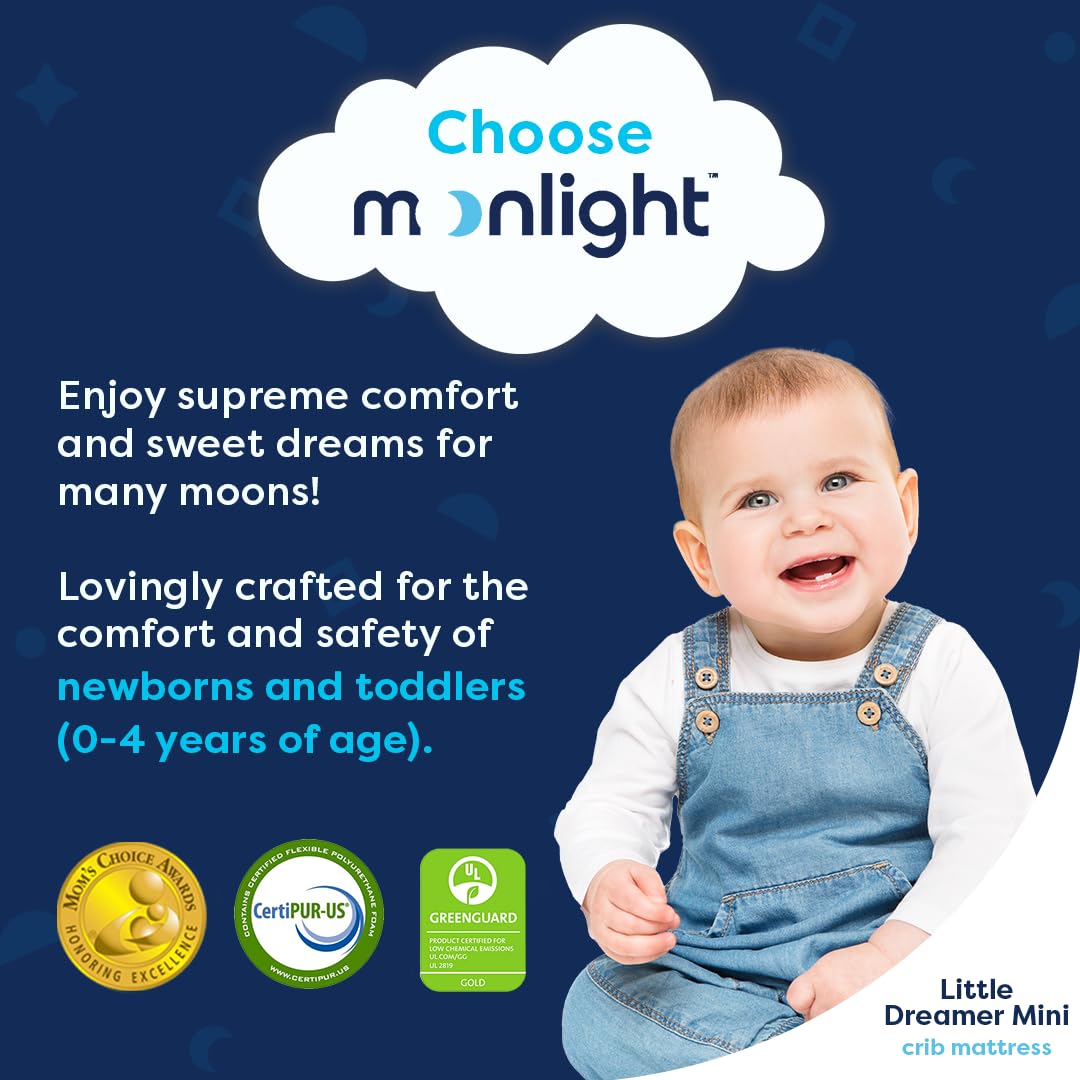 Moonlight Slumber Little Dreamer Mini Crib Mattress – Dual-Sided Baby and Toddler Mattress, Firm Infant Support, Waterproof and Hypoallergenic, 5" Foam, Mini Crib Size, 24 x 38 x 5, Made in USA