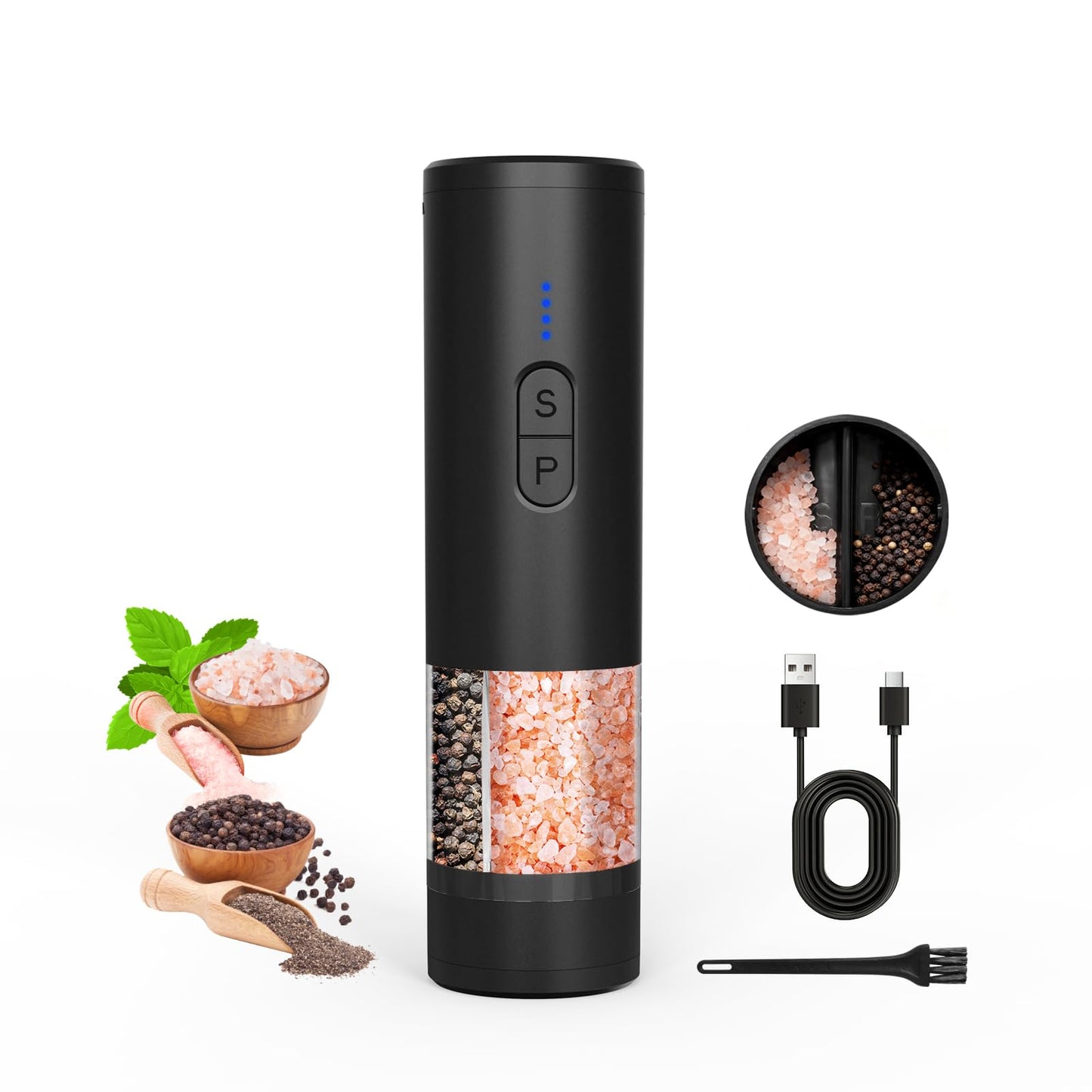 Electric Salt and Pepper Grinder Set, 2 in 1 Dual Bins USB Rechargeable Refillable Automatic Salt and Pepper Mill Shaker with LED Light, Dual Ceramic Grinder Adjustable Coarseness, kitchen gift, Black