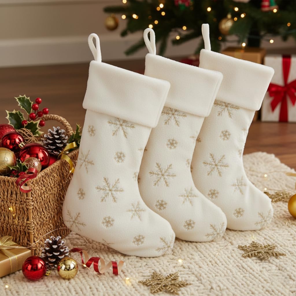 AOGU 3 Pack 22 Inch Faux Fur Sequin Snowflake Christmas Stockings Snowy White Christmas Stockings Hanging Ornaments Candy Gift Bags for Christmas Decorations, Gold