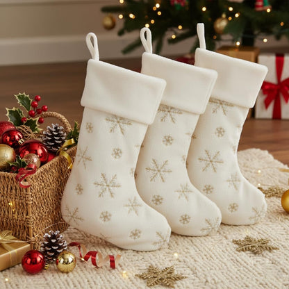 AOGU 3 Pack 22 Inch Faux Fur Sequin Snowflake Christmas Stockings Snowy White Christmas Stockings Hanging Ornaments Candy Gift Bags for Christmas Decorations, Gold