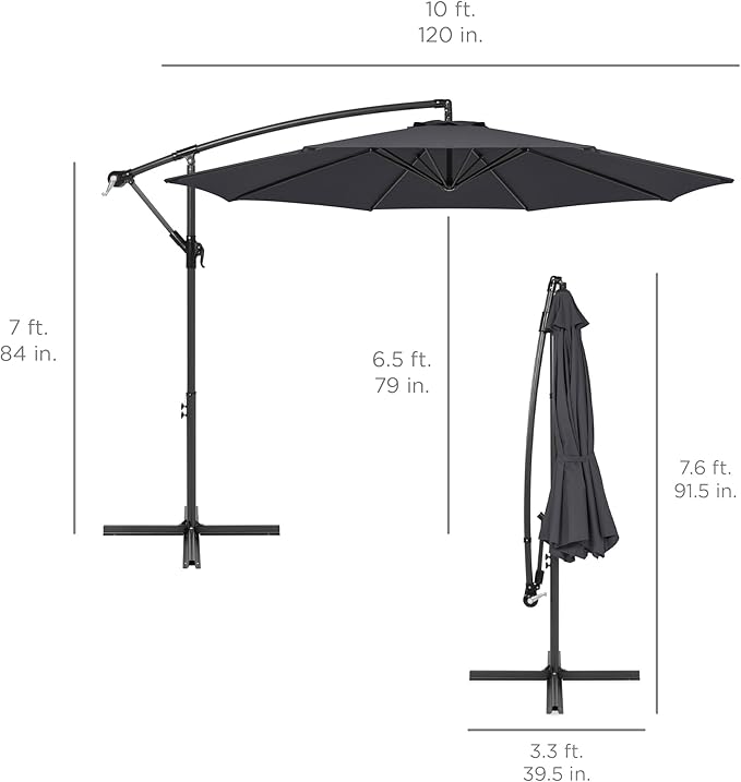Best Choice Products 10ft Offset Hanging Market Patio Umbrella w/Easy Tilt Adjustment, Polyester Shade, 8 Ribs for Backyard, Poolside, Lawn and Garden - Gray