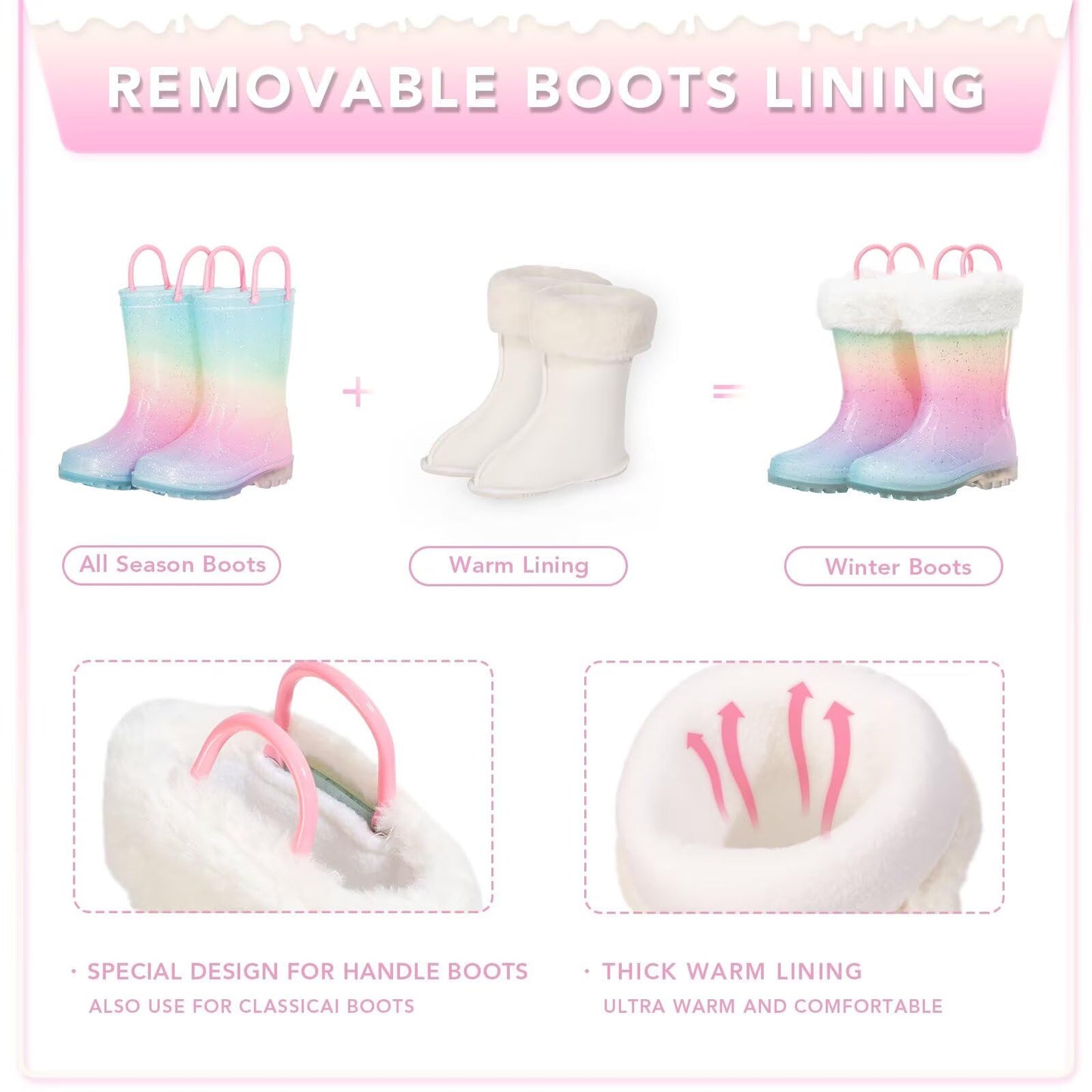 Kids Wellies with Warm Fuzzy Lining, Light Up Glitter Winter Boots, Handle it Easy on Wellington Boots Size 11