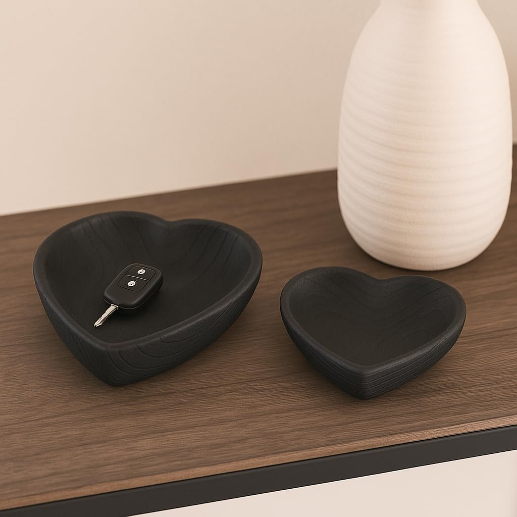 Set of 2 Wooden Decorative Bowls – Accent Bowl Set for Everyday Display, Coffee Table or Entryway Styling – Heart Shape Design for Soft, Sculptural Impact, Home Decor – 10" & 8", Black