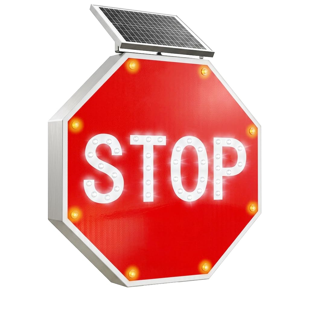 GAJTTR 30in Solar Powered LED Flashing Stop Sign, MUTCD Compliant Traffic Stop Sign with 44 Blinking LEDs,Engineer Grade Reflective Film, Heavy Duty Aluminum Metal Frame Blinking Road Warning Sign for Construction Area,School,Community,Farm Road (Red)