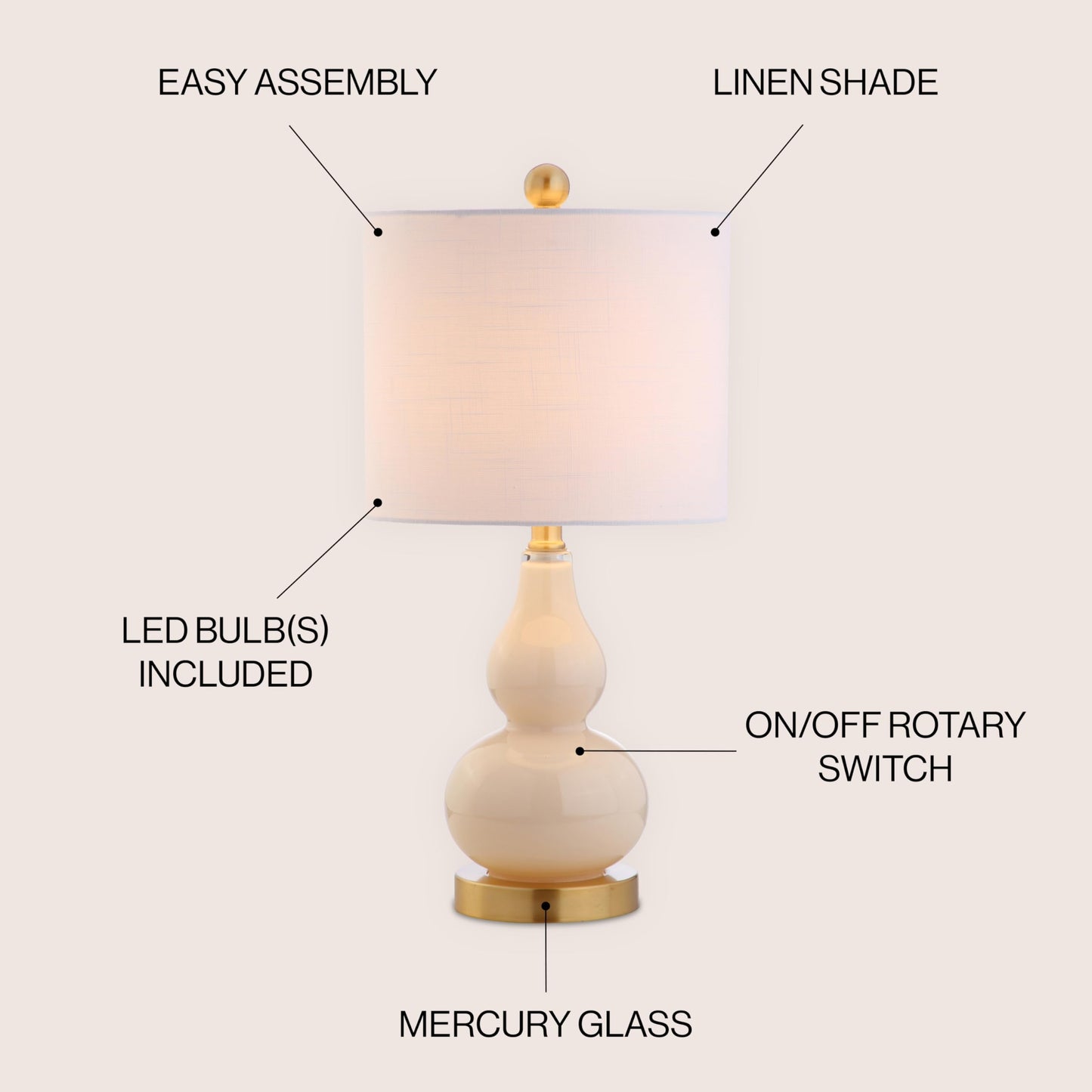 JONATHAN Y 20.5" Ivory Glass Table Lamp, Modern Gourd Bedside Nightstand Lamp for Bedroom, Living Room, White Linen Shade, LED Bulb Included (JYL1028B)
