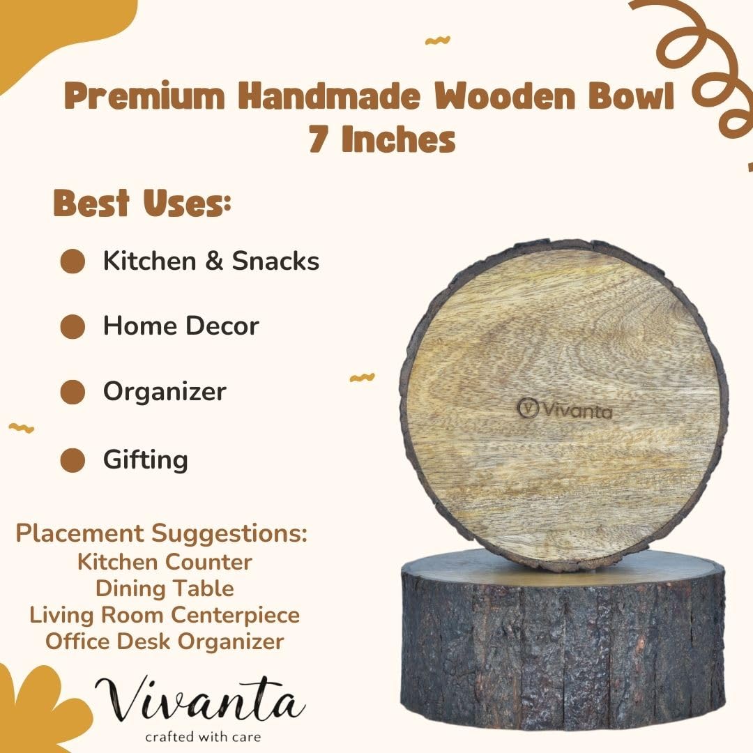 Handcrafted Mango Wood Decorative Bowl with Natural Bark Edge – Rustic Wooden Centerpiece Bowl for Potpourri, Candy Dish, Key Holder & Small Fruit Display – Farmhouse & Boho Home Décor Accent (7 Inch)