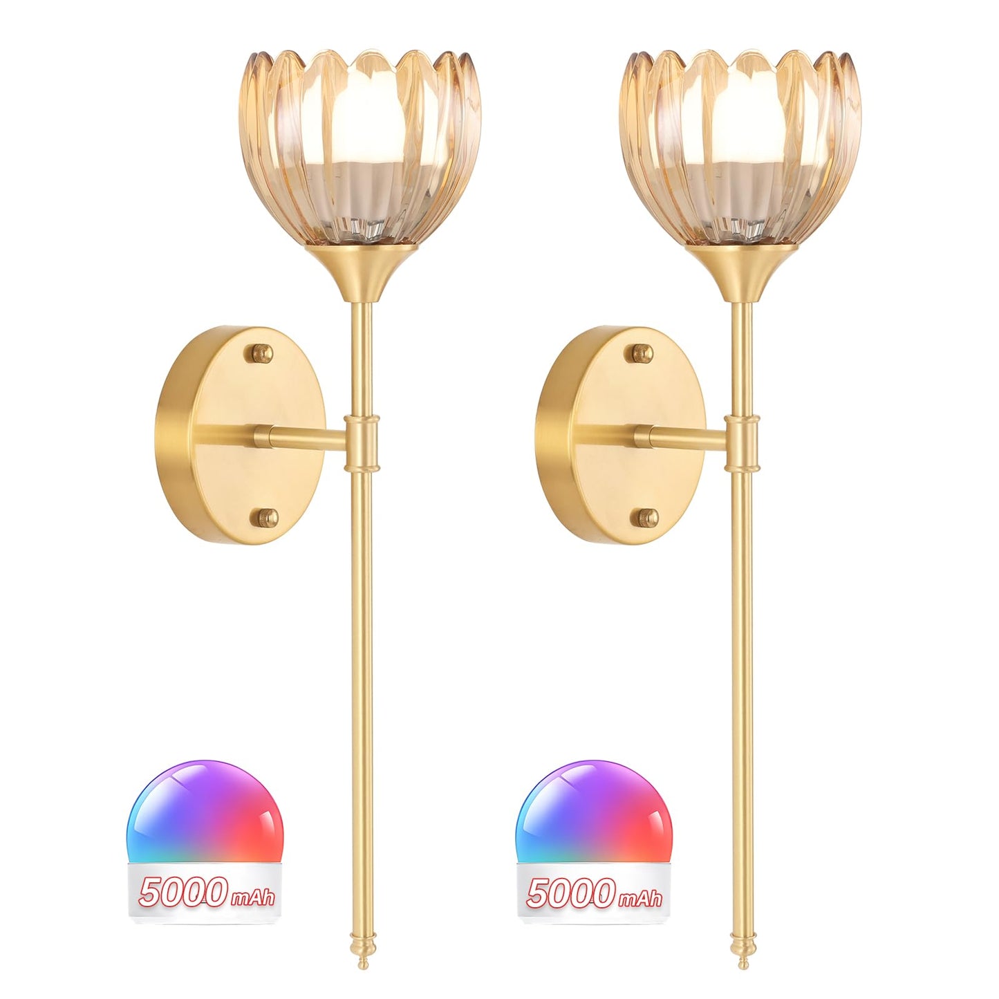 Shenmoyl Battery Operated Wall Sconce Set of 2, Amber Tulip Vintage Wall Light Fixture Rechargeable 5000mAh Battery Powered Wall Lamp with Remote for Living Room Bathroom
