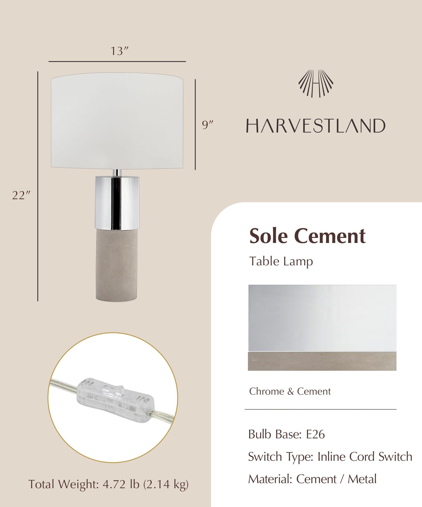 HarvestLand 22” Sole Cement Table Lamp – Table Lamps for Living Room & Bedside Lamps, Modern Stone Bedroom Lamp for Nightstand, Large Living Room Lamp Home Decor