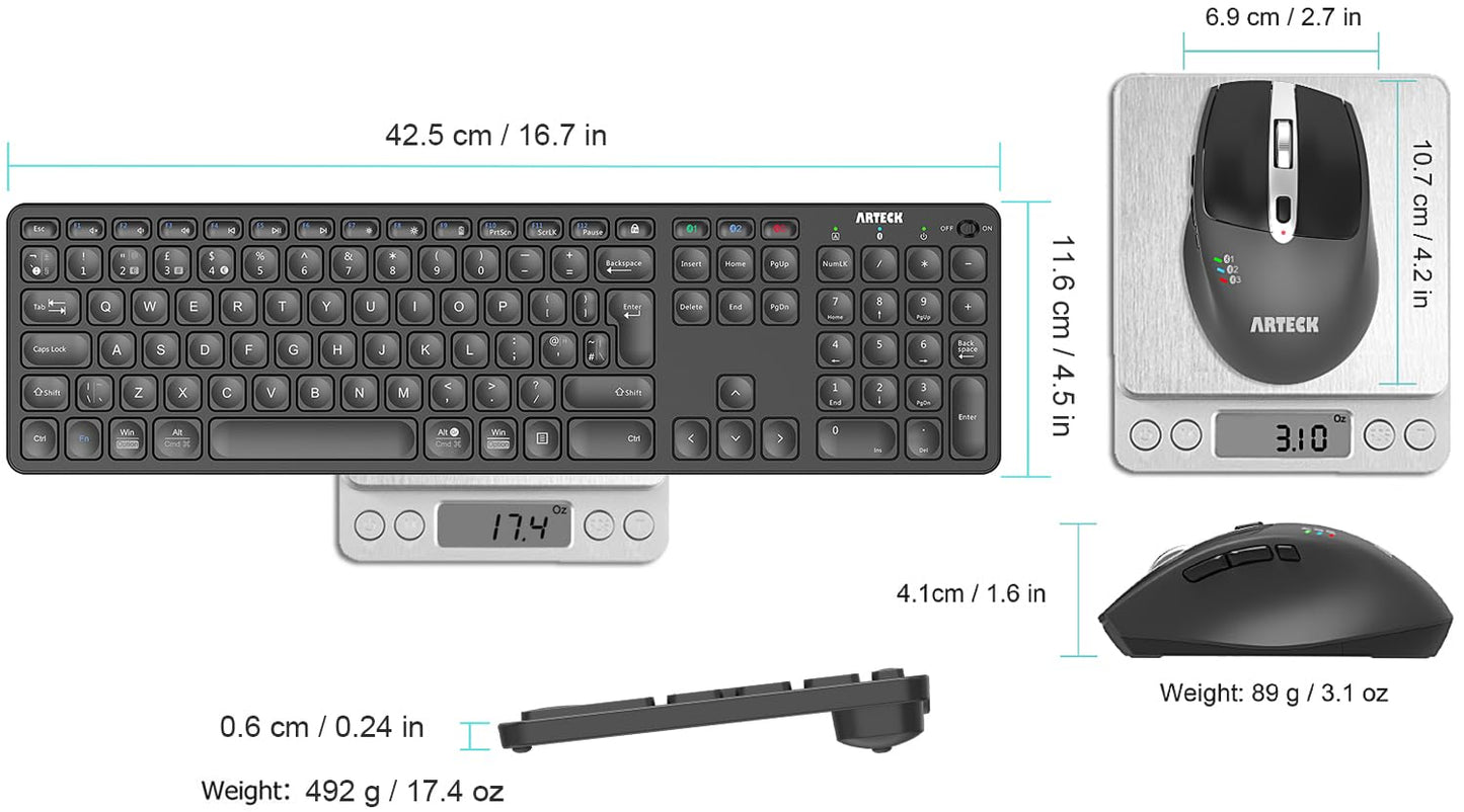 Arteck Universal Multi-Device Bluetooth Keyboard and Mouse Full Size Wireless Bluetooth Keyboard and Ergonomic Mouse Set for Windows, iOS, Android, Computer Desktop PC Laptop iPad Tablet Smartphone