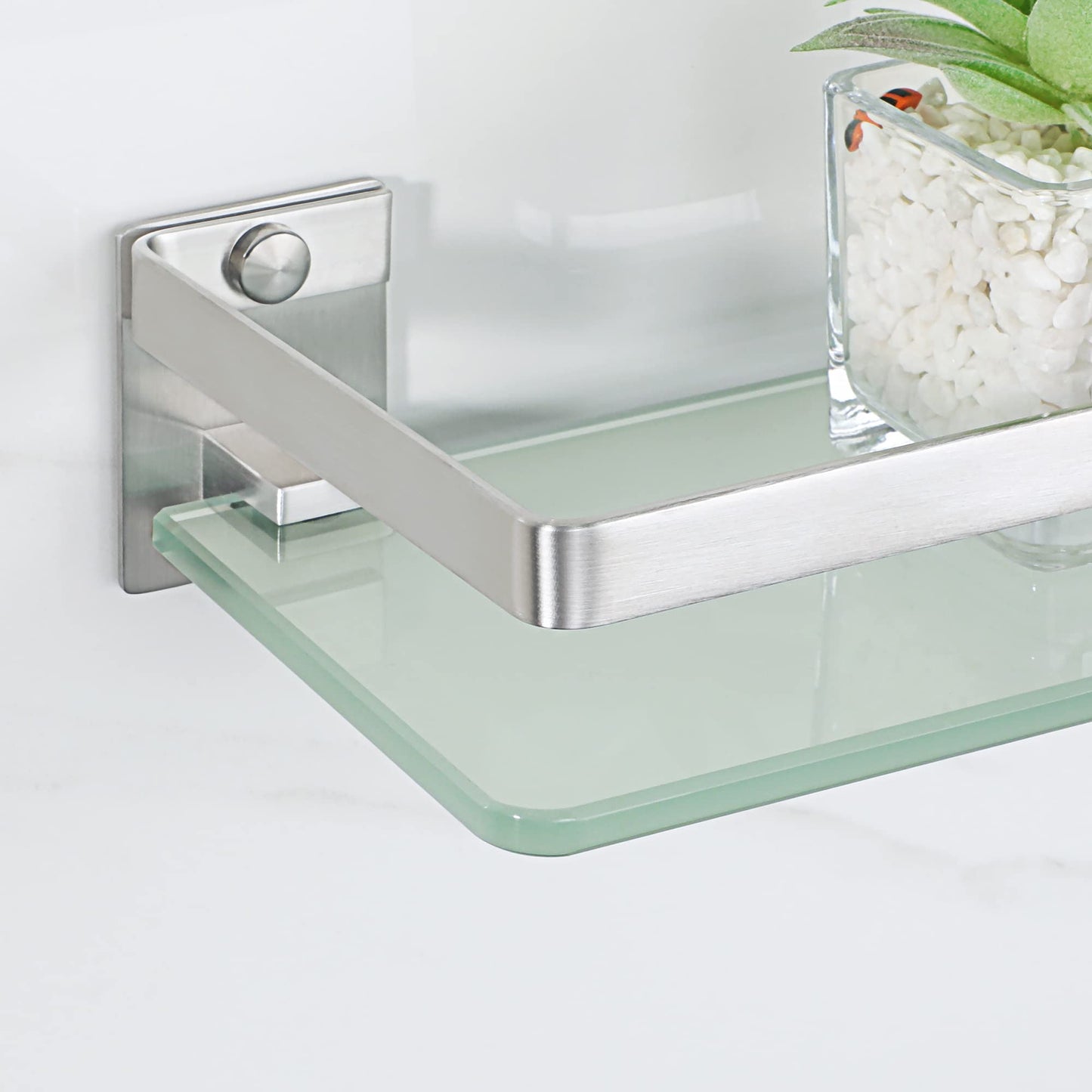SAYAYO Bathroom Shelf Tempered Glass Shelf Wall Mounted, Brushed Shower Storage with SUS304 Stainless Steel Rail, 38CM Length, EGDL1001-LS