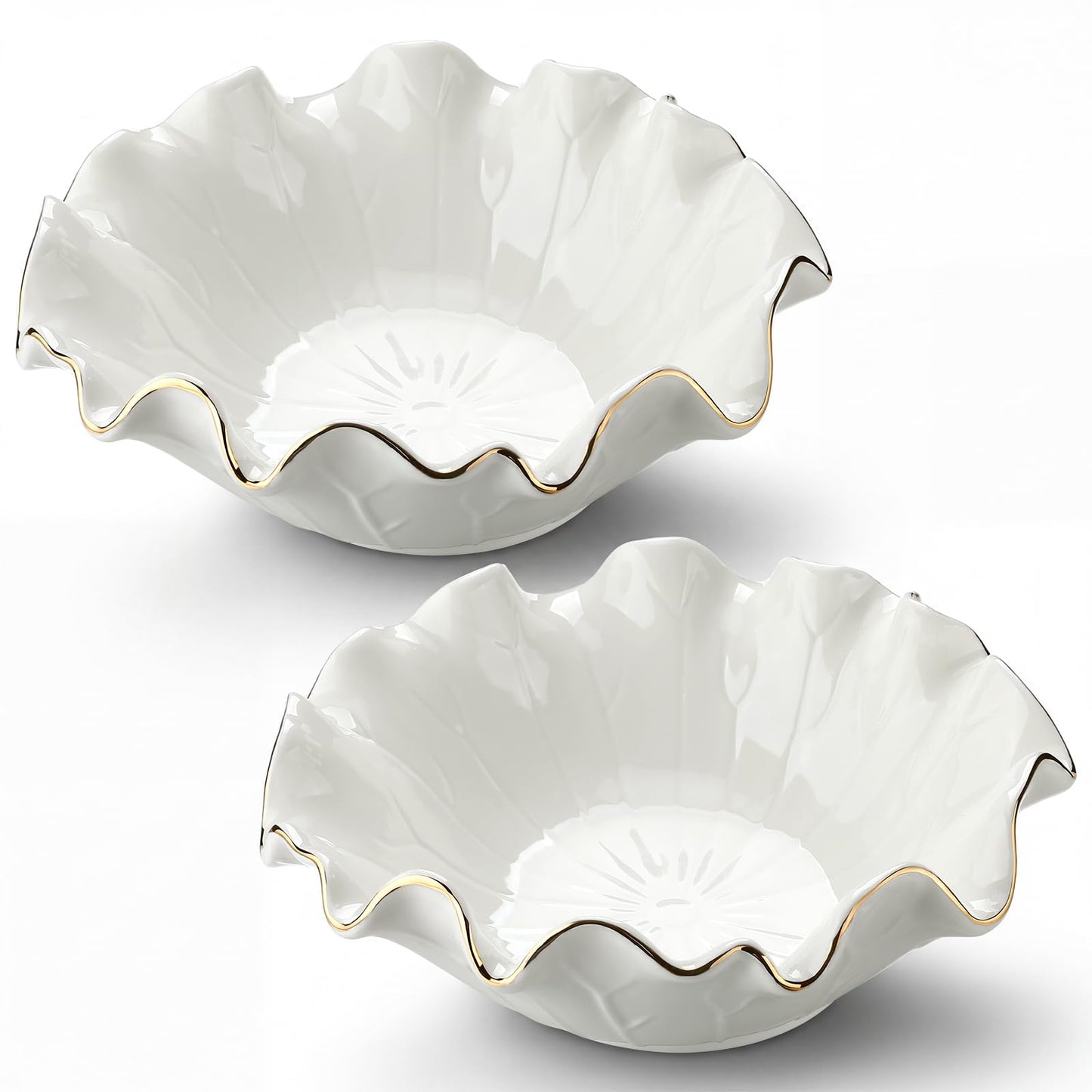 Ferrochef 2 Pack White Lotus Ceramic Decorative Bowls 7.48 x 2.56 Inch Ruffle Lotus Leaf Scalloped Bowl with Gold Trim for Coffee Table Counter Keys Coins Catchall