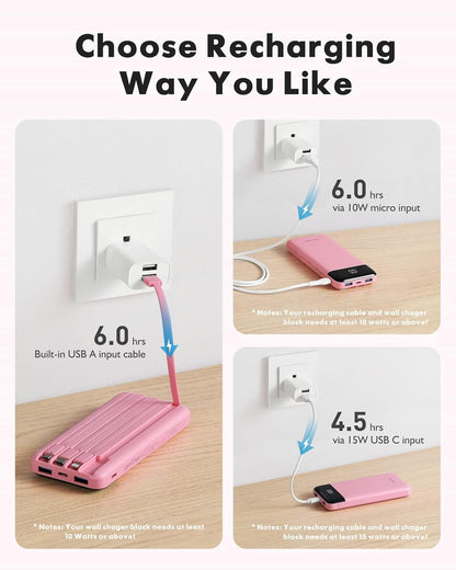 charmast Portable Charger with Built in Cables, Power Bank with Cords Wires, Slim 10000mAh Travel Battery Pack 6 Outputs 3 Inputs 3A Fast Charging for Samsung Google Pixel LG Moto iPhone iPad