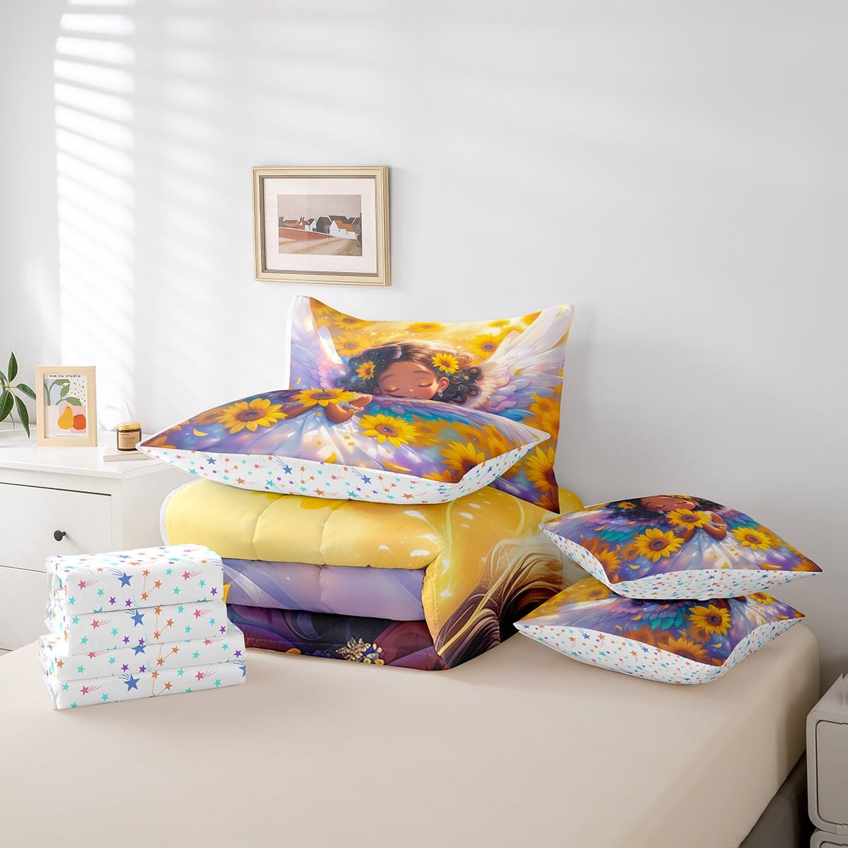 Castle Fairy Girlish Angel Bedding Set,Blooming Sunflowers Twin Comforter Set with Sheets for Kids Girls Teens Room Decor,Dreamy Angel Wings Bed in a Bag 7 Piece for Bedroom Living Room