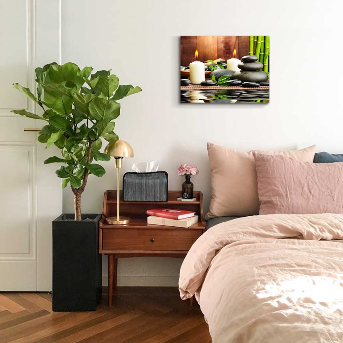 QTESPEII Zen Canvas Wall Art Paintings Decor Black Stone White Candle Green Bamboo Picture Posters for Spa Yoga Room Bathroom, Framed Modern Office Décor Home Walls Decoration, 12"x16"x 1Panel