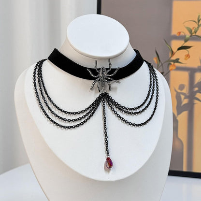 Spider Velvet Choker Gothic Necklace with Crystal Layers - Black Halloween Party Costume Jewelry Gift