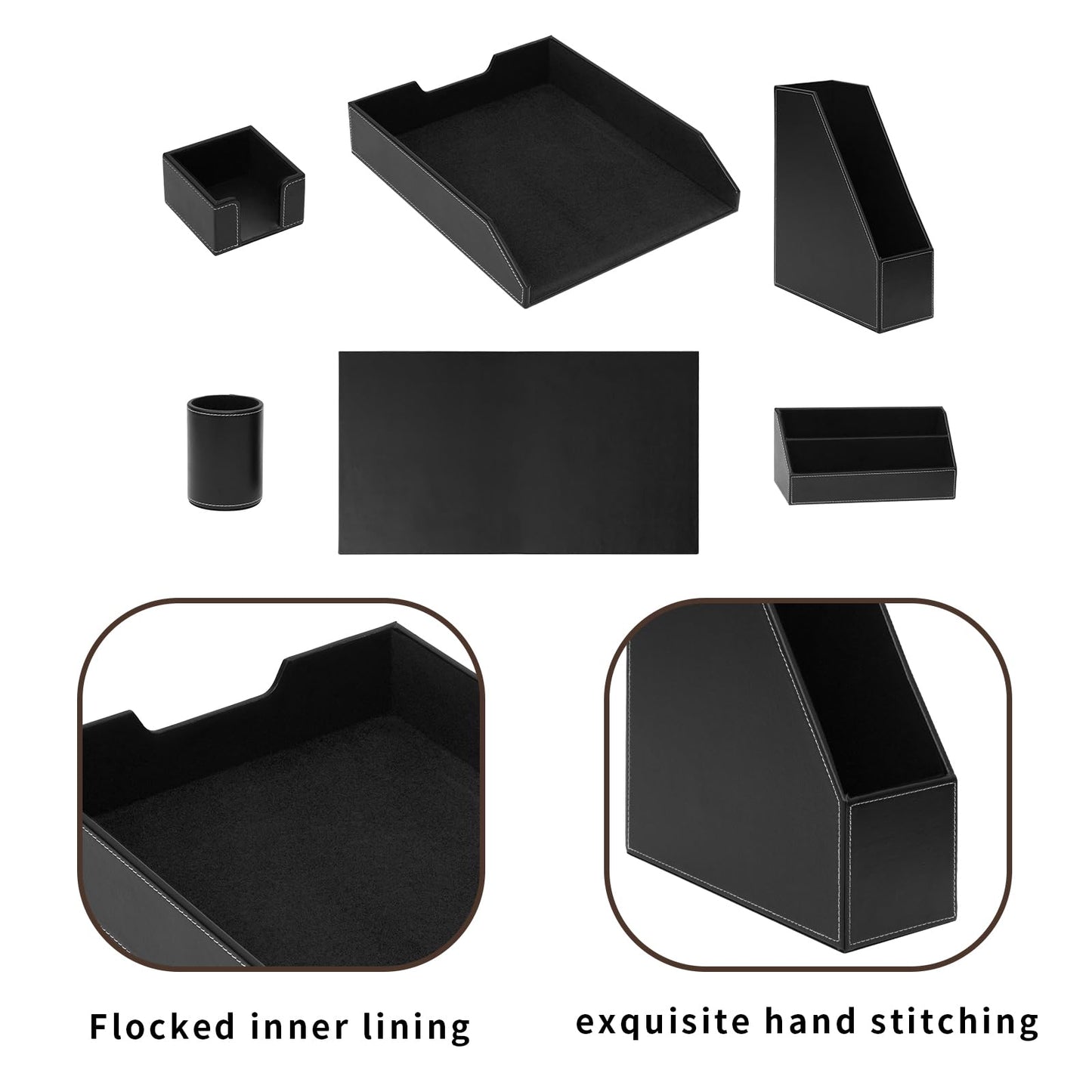 XNONE Office Supplies PU Leather 6-Piece Set Desk Organizer,Include Writing Pad,Letter Tray,file folder Sorter/Magazine Holder,Pen Cup,Note Holder,Business Card Holder,Man/Woman Office Gift,Black