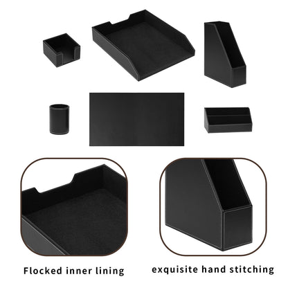 XNONE Office Supplies PU Leather 6-Piece Set Desk Organizer,Include Writing Pad,Letter Tray,file folder Sorter/Magazine Holder,Pen Cup,Note Holder,Business Card Holder,Man/Woman Office Gift,Black
