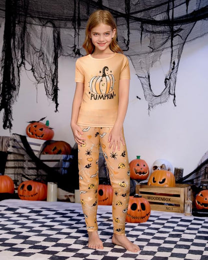 MyFav Halloween Girl Pajamas Set Cute PJS Short Sleeve Long Pants Sleepwear Crew Neck Kid PJS Night Clothes,Light Orange,10Y