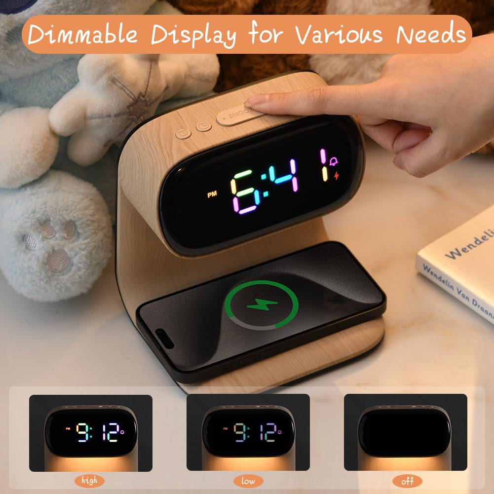 WILIT Digital Alarm Clock with Wireless Charging for Bedroom,Colorful LED Display,Dimmable Night Light with Snooze Function,Modern Bedsides Lamp Clock for Bedroom,Kids,Teens,Gift for Men, Women(Wood)