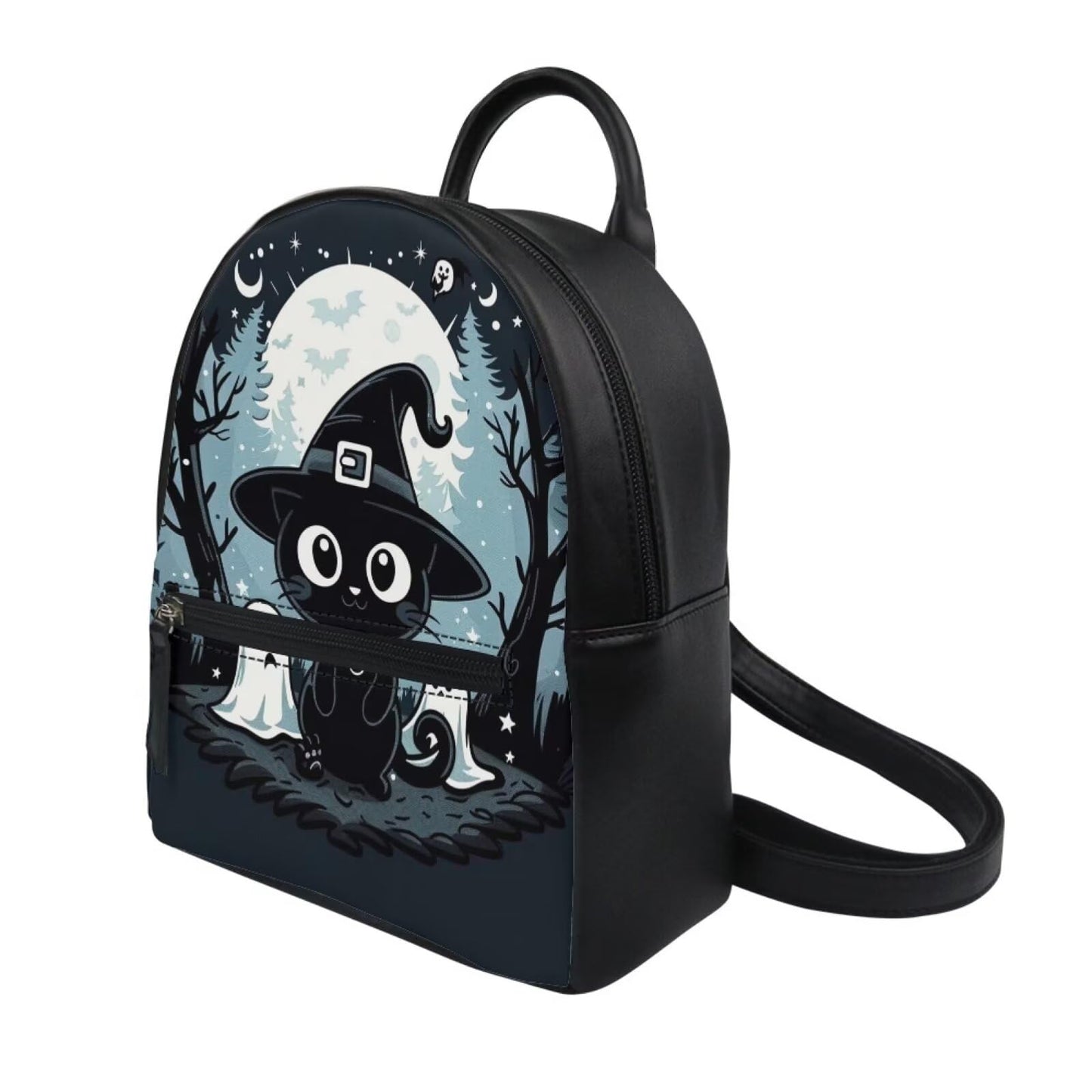 Showudesigns Halloween Backpack Purse for Women Mini Backpacks Black Cat Pu Leather Zipper Closure Shoulder Bags Casual Tote Bag Lightweight Tote Bag Daypack Rucksack Cute Ghost Handbag