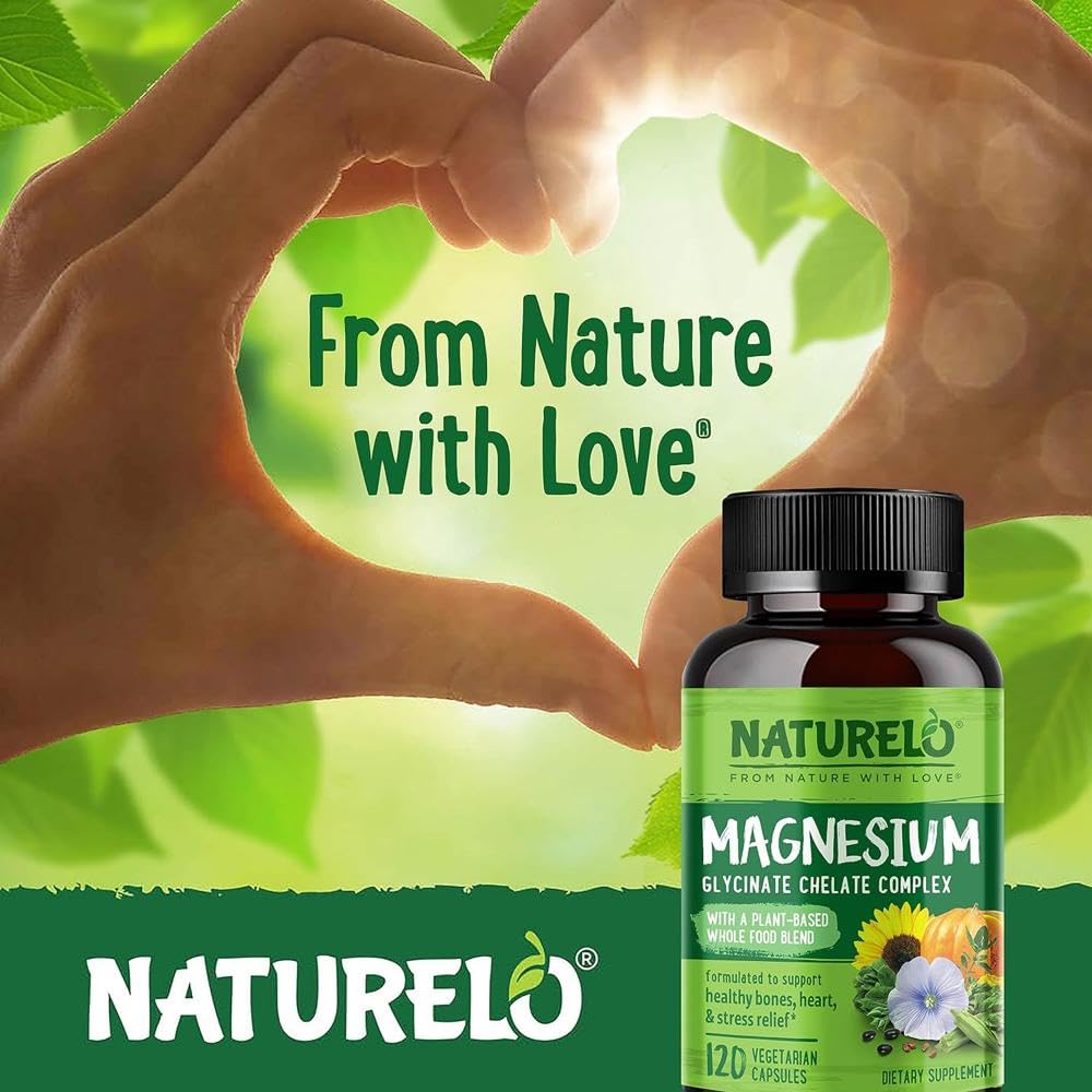 NATURELO Magnesium Glycinate Chelate Complex - 200 mg Magnesium with Whole Food Extracts to Support Energy, Nerves & Healthy Bones – 120 Vegan Capsules | 4 Month Supply