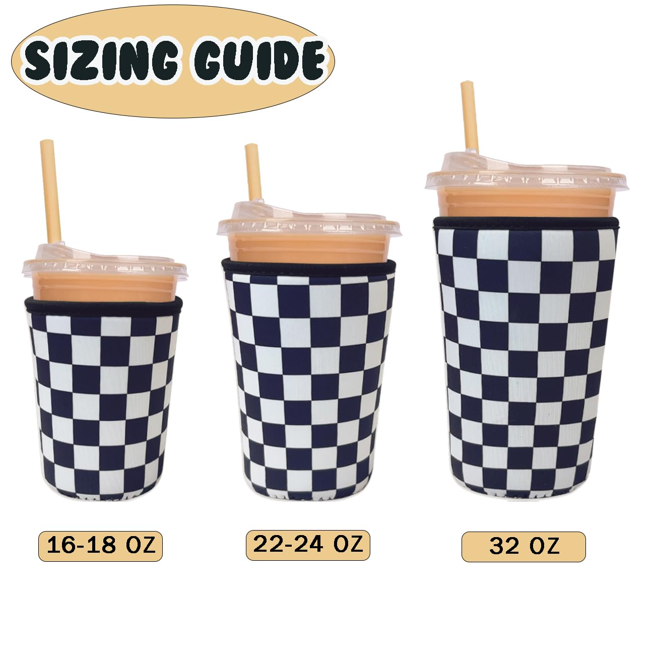 Reusable Insulated Neoprene Iced Coffee Cup Sleeve, Durable Drink Sleeve for Cold Beverages, Beverage Holder for Iced Coffee, Checker Grid