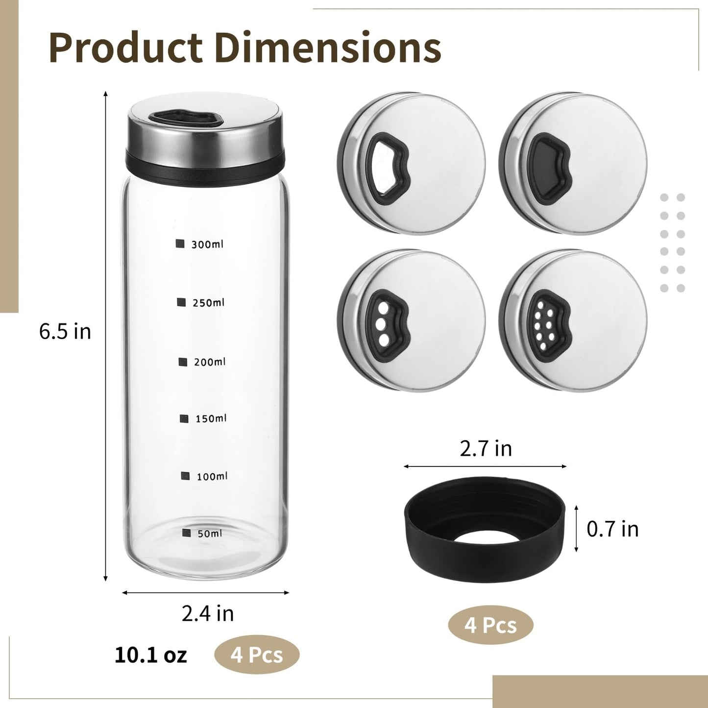 4 Pcs Salt and Pepper Shakers, 350ml Glass Spice Bottles with Adjustable Pour Holes, Spice Dispensers with Non-Slip Silicone Bases, Seasoning Jars with Rotating Steel Lids for Kitchen
