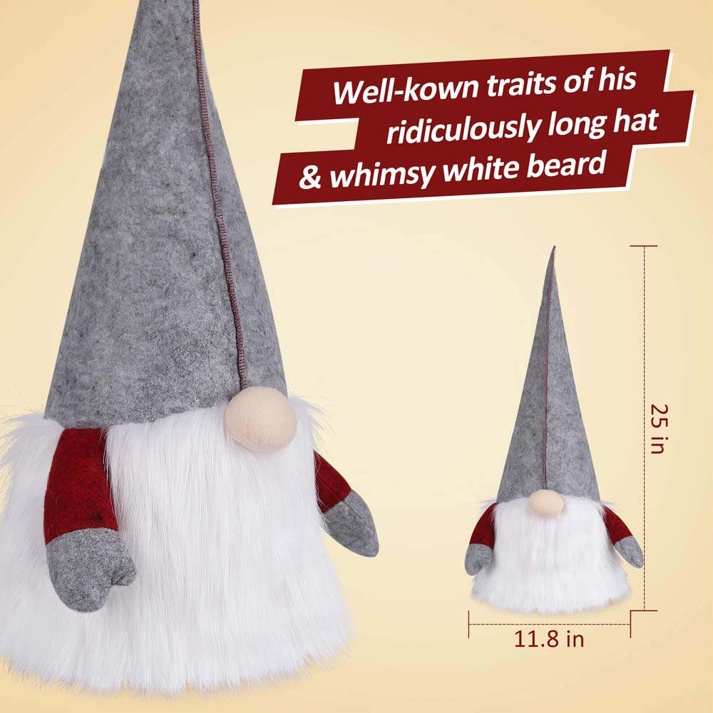 D-FantiX Gnome Christmas Tree Topper, 25 Inch Large Swedish Tomte Gnome Christmas Ornaments Santa Gnomes Plush Scandinavian Christmas Decorations Holiday Home Décor Grey