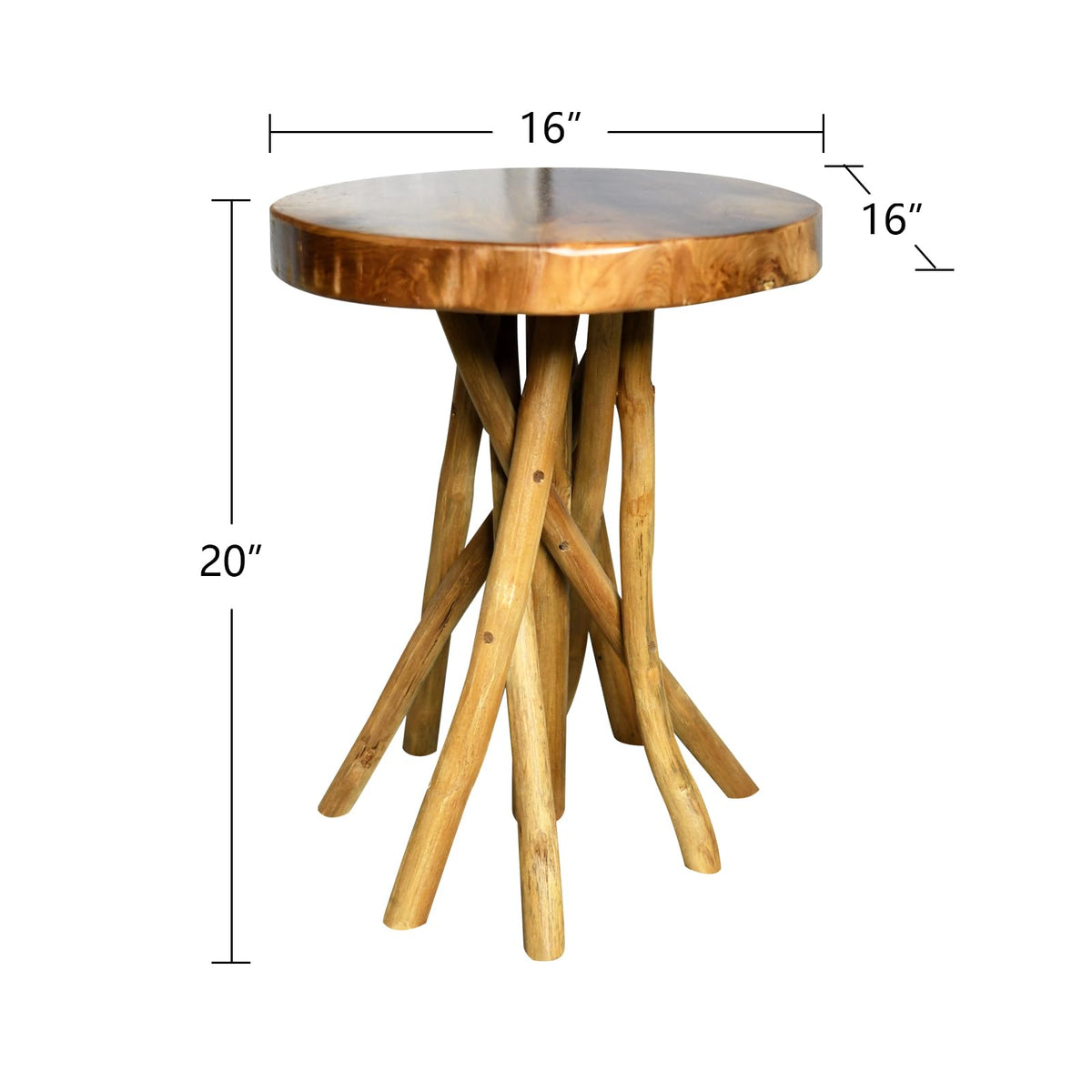 WELLAND Teak Wood Stick Leg End Table, 16" L x 16" W x 20" H Rustic Side Table, Small Accent Table, Plant Stand for Living Room, Bedroom, Home Office