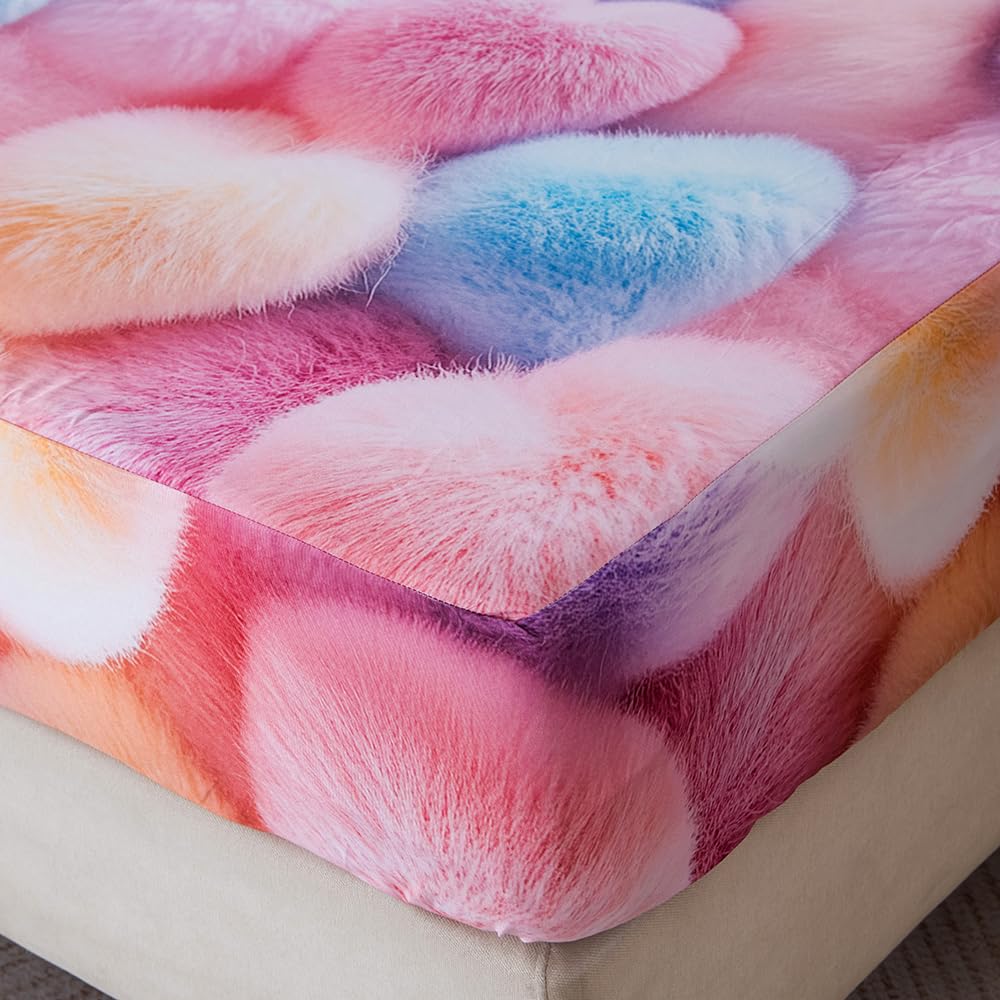 NATURETY Bedding Fitted Sheet with Deep Pocket,3D Pattern Sweet Heart Printed Fabric Bed Sheets (Pink Heart, Twin)