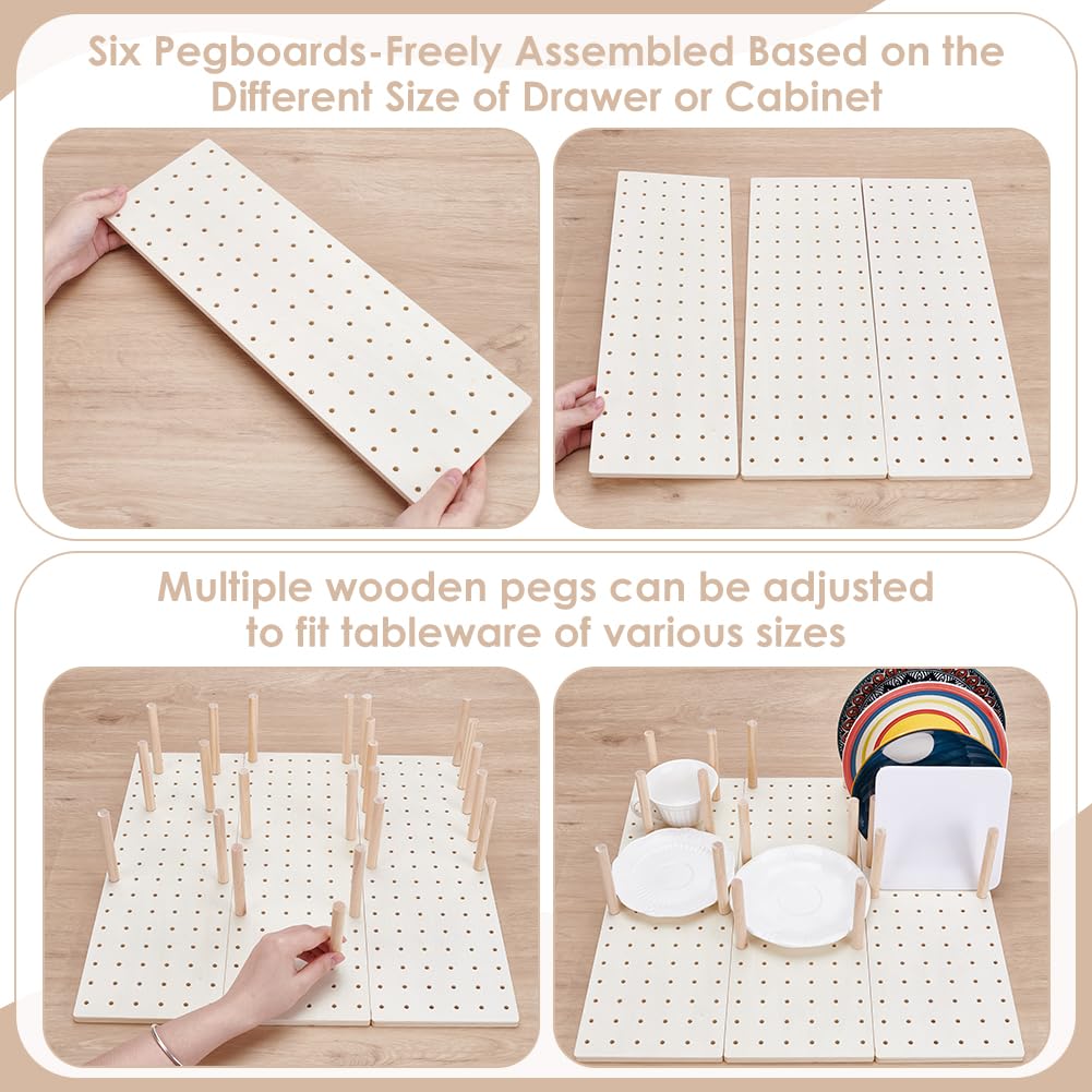 UNICRAFTALE 3Set Wood Pegboard Drawer Organizer Adjustable Wood Tableware Organizer Storage Shelf Wooden Peg Board with 24 Pegs for Dishes Plate Pot Container Cookware Utensil Kitchen 5.79x17.13 in