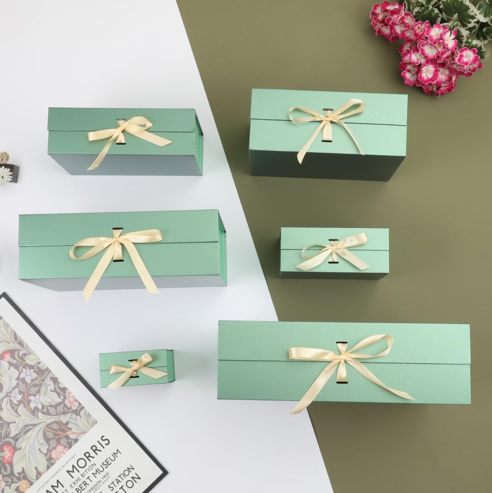 BoxSkivra Green Large Gift Box with Ribbon 1 Pack 13X11X5.3 Inch Large Gift Box with Lid Magnetic Closure Rectangle Collapsible Luxury Gift Boxes for Presents Crinkle Cut Paper Shred with Card