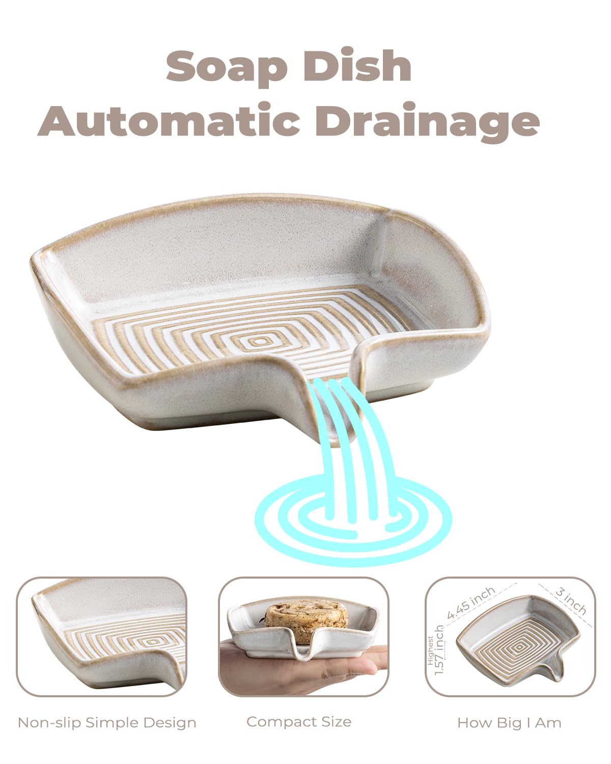Soap Dishes, Ceramic Shower Soap Dish with Waterfall Design Bar Soap Holder Self Draining Soap Saver for Shower, Bathroom, Sink, Kitchen and Countertop, Beige White