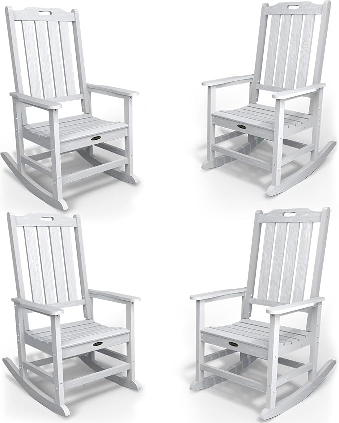 Oversized Rocking Chair Set of 4, Outdoor Rocking Chair for Adults, All Weather Resistant Porch Rocker for Lawn Garden, White