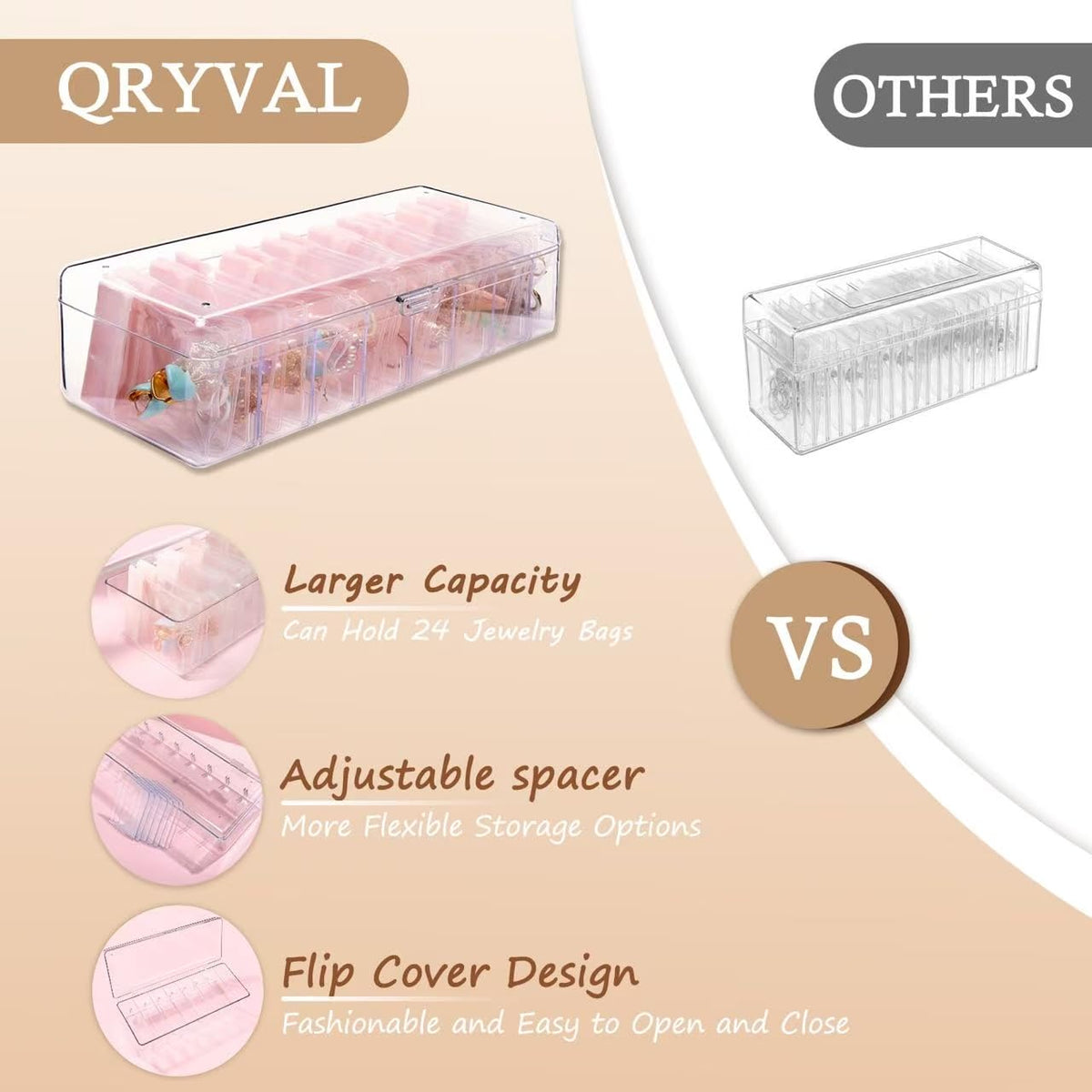 Qryval Jewelry Organizer and Storage Box with 24 EVA Anti Tarnish Bags, Travel Acrylic Case for Earrings, Necklaces & Rings, Elegant Gift for Women & Girls (S&Organizer(Clear))