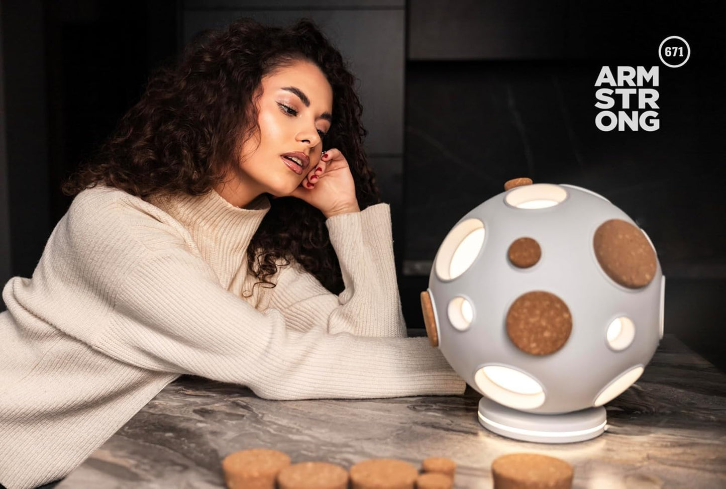 ARMSTRONG 671 Moon-Inspired Table Lamp, Adjustable Glow, Interactive Cork Details, Ergonomic Design,Ivory and Gray Available (Ivory)