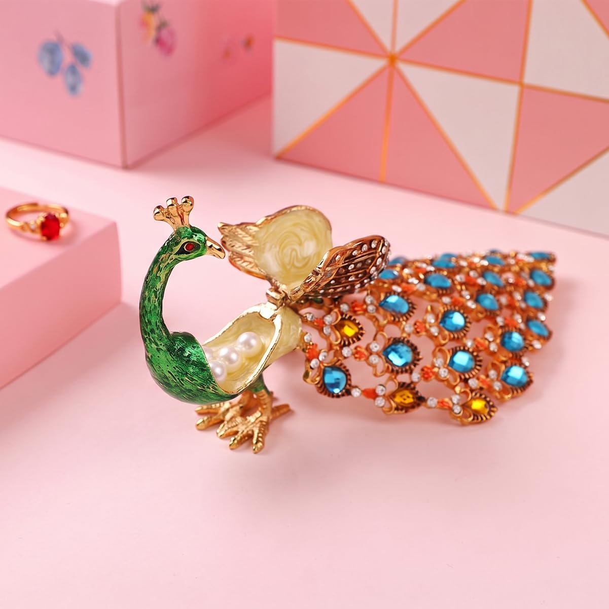 Furuida Trinket Box with Hinged Green Peacock Crystal Ornament Decorative Hinged Jewelry Box Ring Store Luxurious Gift for Home Decor