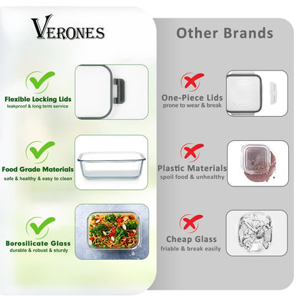 VERONES 12 Packs Glass Food Storage Containers Set, Airtight Glass Lunch Containers, Glass Meal Prep Containers with Lids,Exclusive of BPA, for Microwave, Oven, Freezer & Dishwasher Friendly,Grey