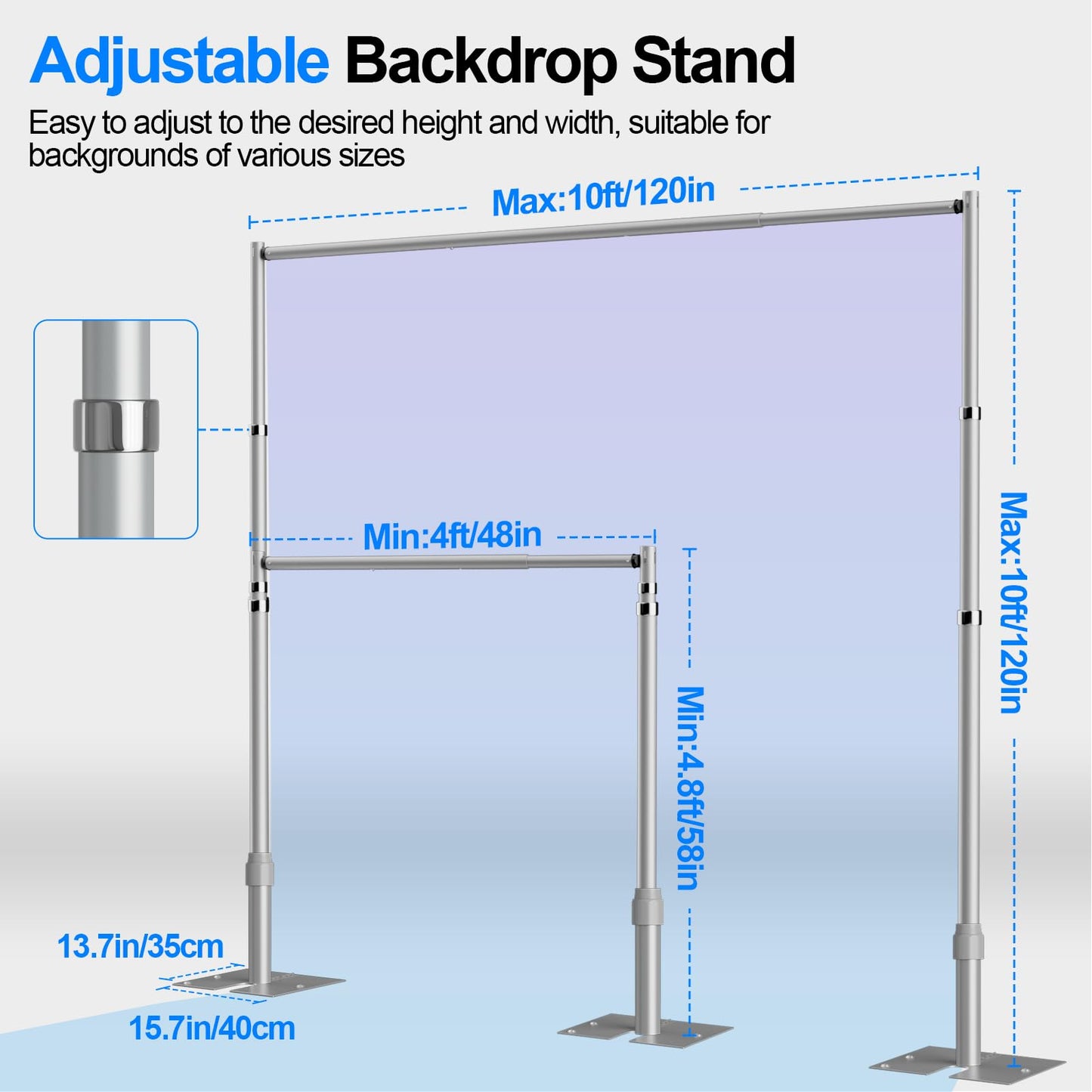 Pipe and Drape Backdrop Stand Kit, 10ftx10ft Heavy Duty Backdrop Stand, Adjustable Background Stand with Metal Base for Photography, Wedding, Parties, Events Decoration