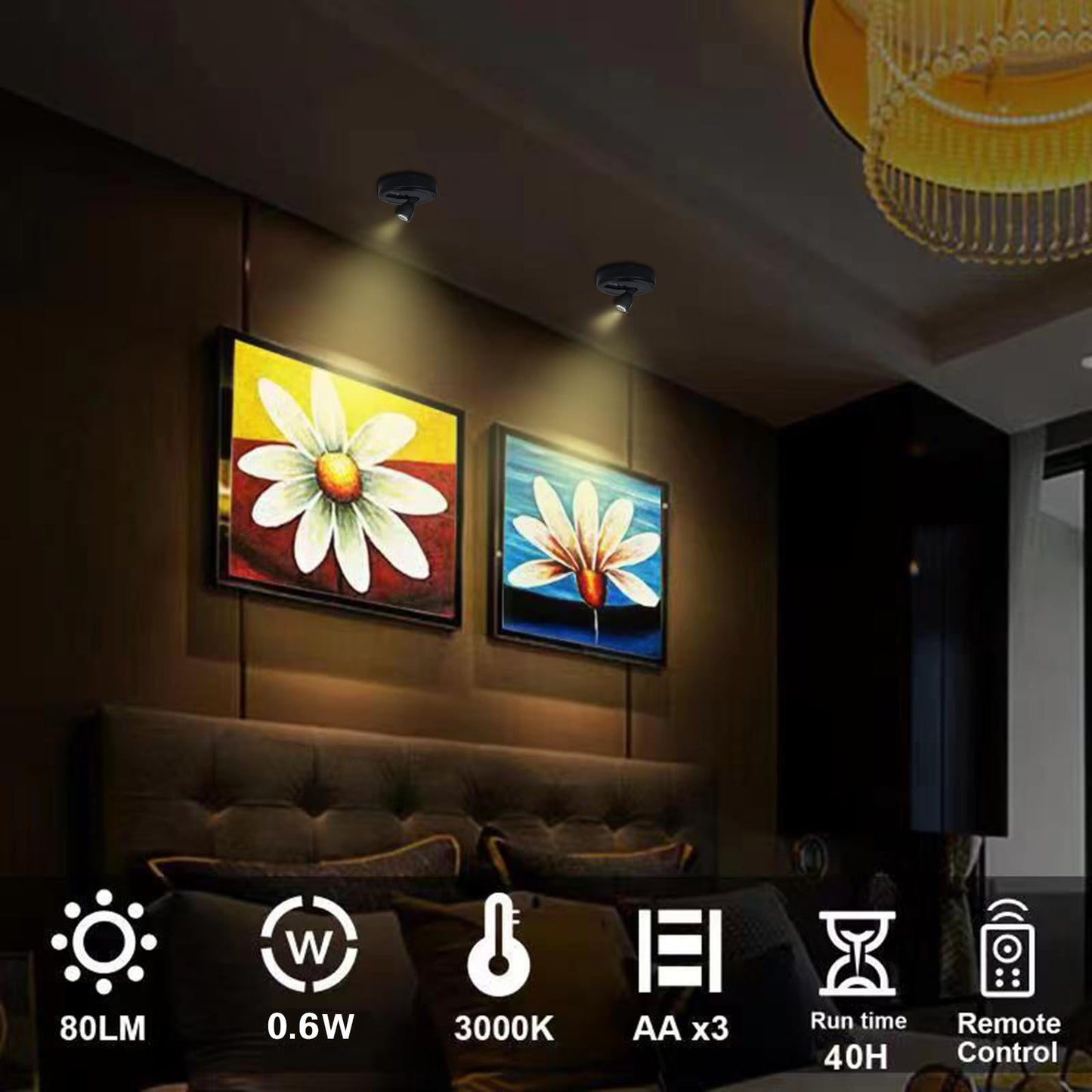 HAMVIDNE LED Spotlight, Battery Powered Picture Lights, Uplighting Indoor, Puck Lights with Remote, Plant Spot Light for Wall Art Display Dartboard Painting Artwork Accent Closet-4Pack