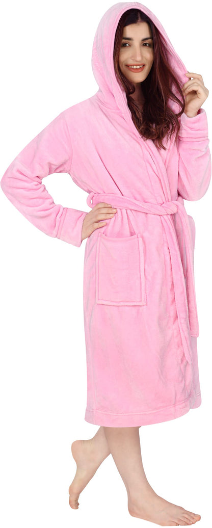 NY Threads Luxury Ladies Hooded Dressing Gown Super Soft Fleece Women's Robe Comfortable Loungewear and Nightwear, Pink, Medium