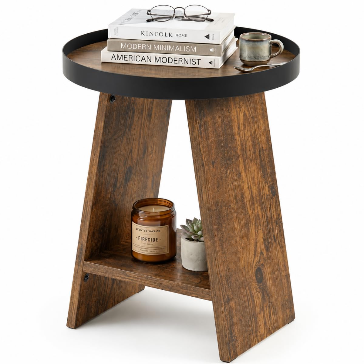 ZEXVIDA Round End Table with Tray Top, 2-Tier Rustic Side Table with Storage Shelf, Modern Farmhouse Industrial Wood Nightstand for Living Room, Bedroom, Small Spaces (Rustic Brown)
